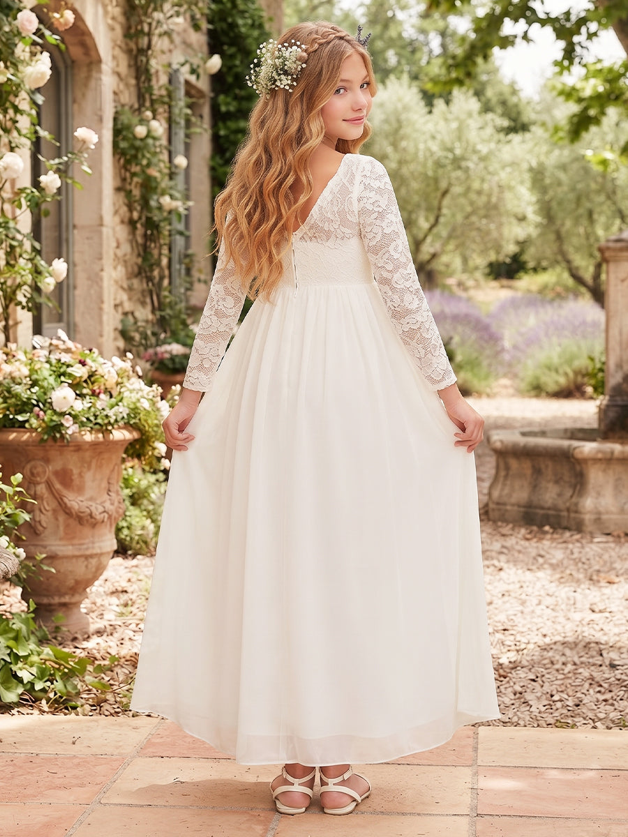A-Line/Princess  Crew Neck Long Sleeves  Chiffon  Ankle-Length  Flower Girl Dresses  with Lace