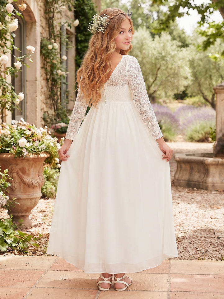 A-Line/Princess  Crew Neck Long Sleeves  Chiffon  Ankle-Length  Flower Girl Dresses  with Lace