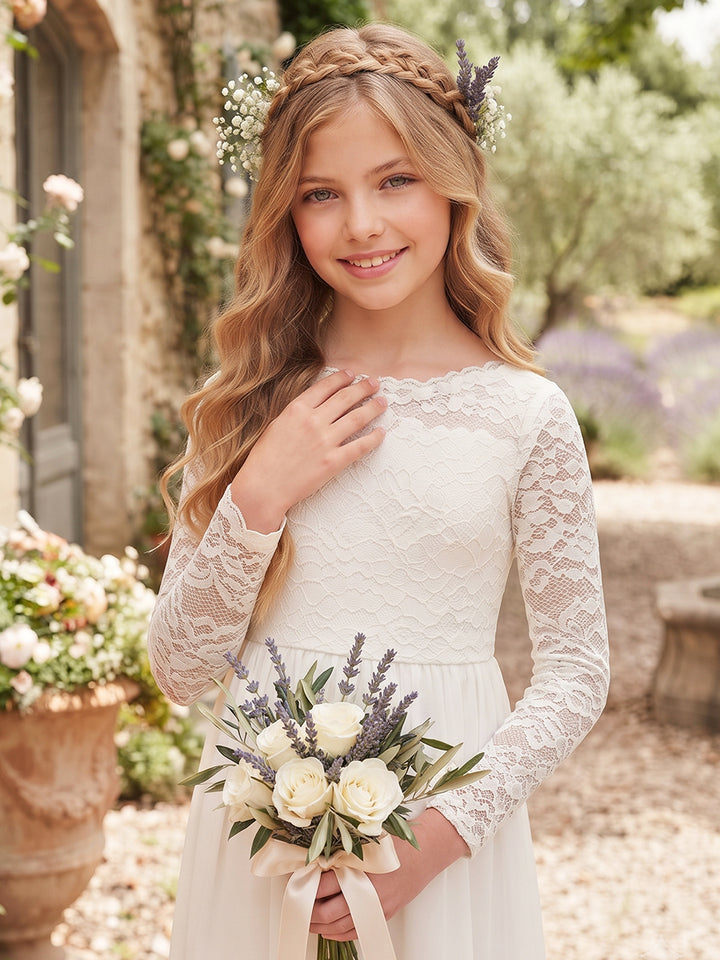 A-Line/Princess  Crew Neck Long Sleeves  Chiffon  Ankle-Length  Flower Girl Dresses  with Lace