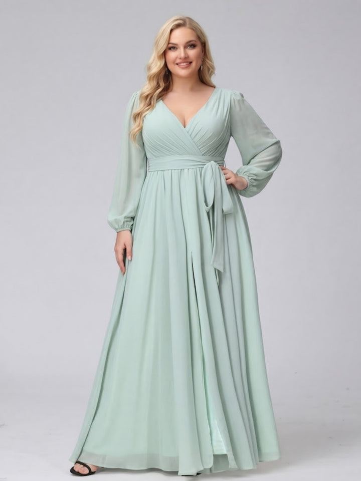A-Line V-Neck Long Sleeves Chiffon Long Plus Size Bridesmaid Dresses With Ruffles Split Side