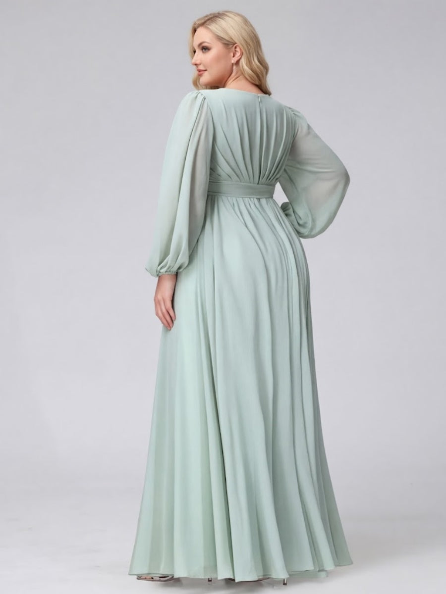 A-Line V-Neck Long Sleeves Chiffon Long Plus Size Bridesmaid Dresses With Ruffles Split Side