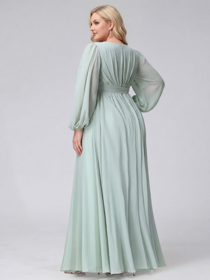 A-Line V-Neck Long Sleeves Chiffon Long Plus Size Bridesmaid Dresses With Ruffles Split Side