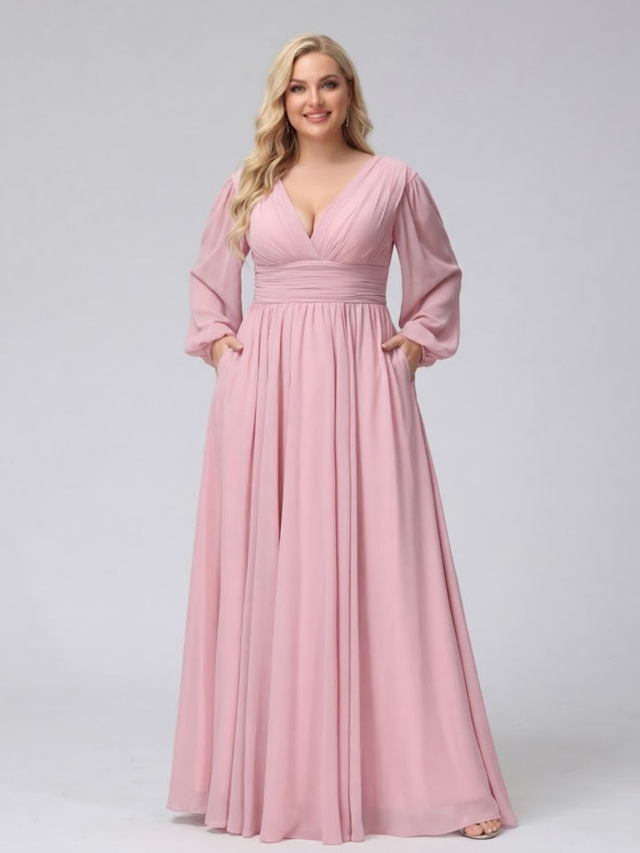 A-Line V-Neck Long Sleeves Long Chiffon Plus Size Bridesmaid Dresses With Split Side Pockets