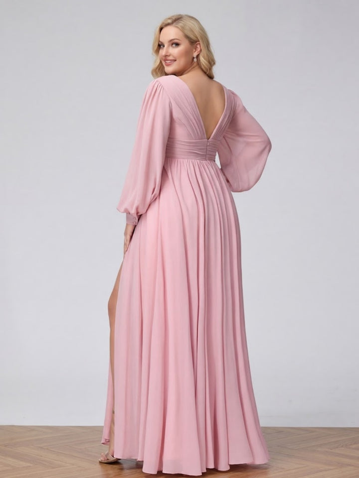 A-Line V-Neck Long Sleeves Long Chiffon Plus Size Bridesmaid Dresses With Split Side Pockets