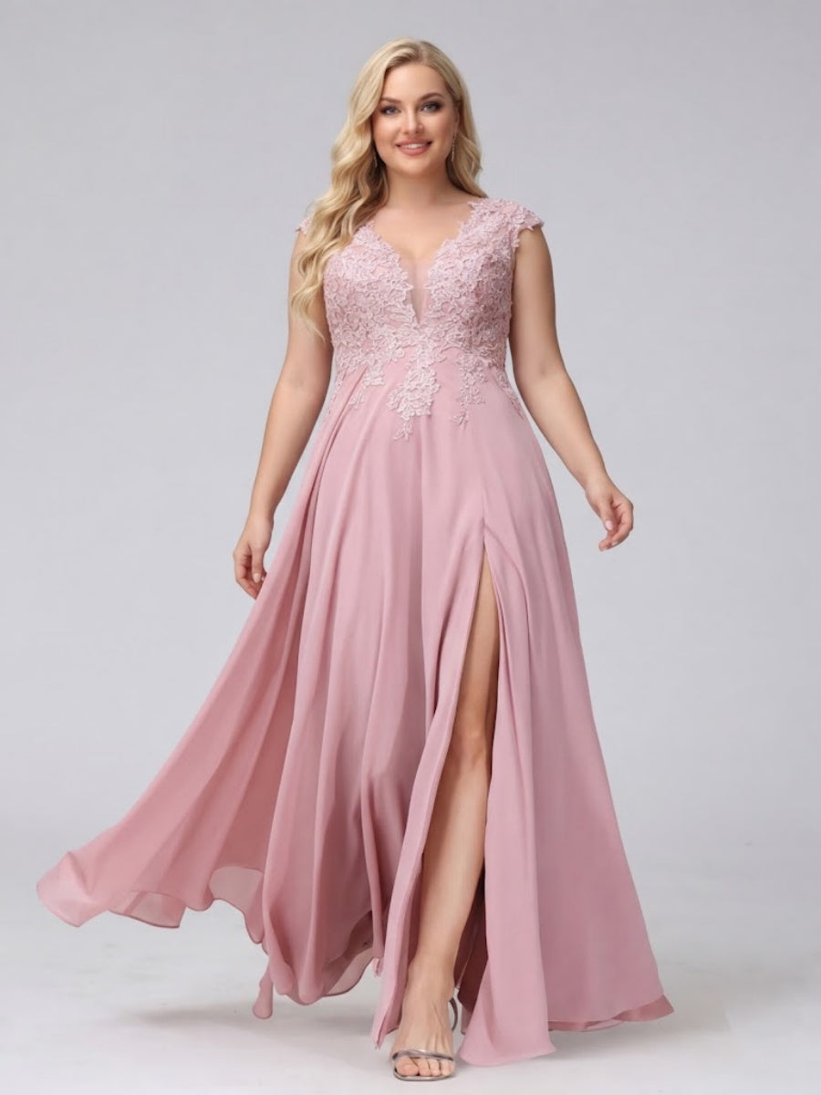 A-Line V-Neck Sleeveless Chiffon Long  Plus Size Bridesmaid Dresses With Applique Split Side