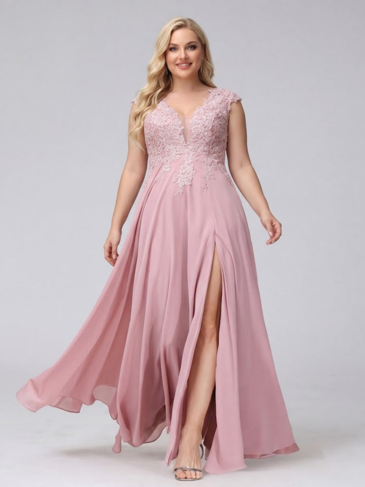 A-Line V-Neck Sleeveless Chiffon Long  Plus Size Bridesmaid Dresses With Applique Split Side