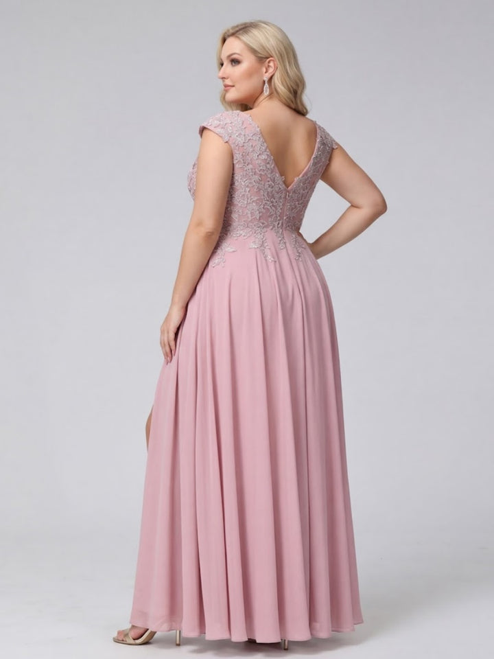A-Line V-Neck Sleeveless Chiffon Long  Plus Size Bridesmaid Dresses With Applique Split Side