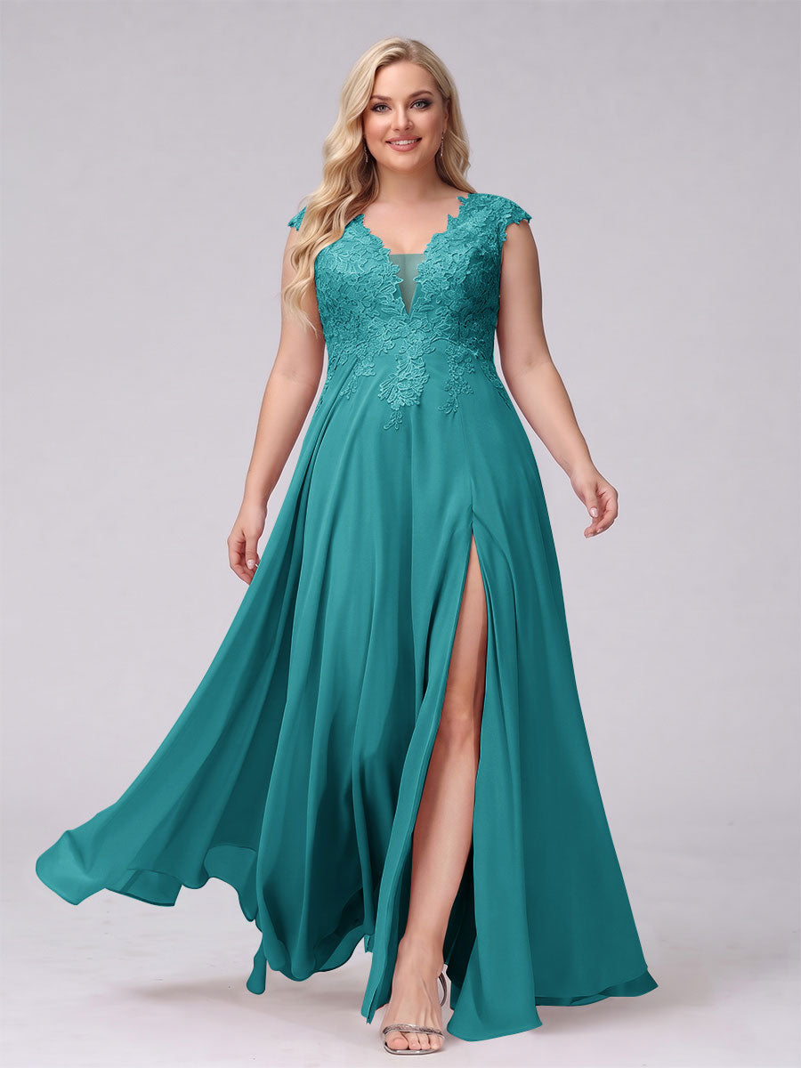A-Line V-Neck Sleeveless Chiffon Long  Plus Size Bridesmaid Dresses With Applique Split Side