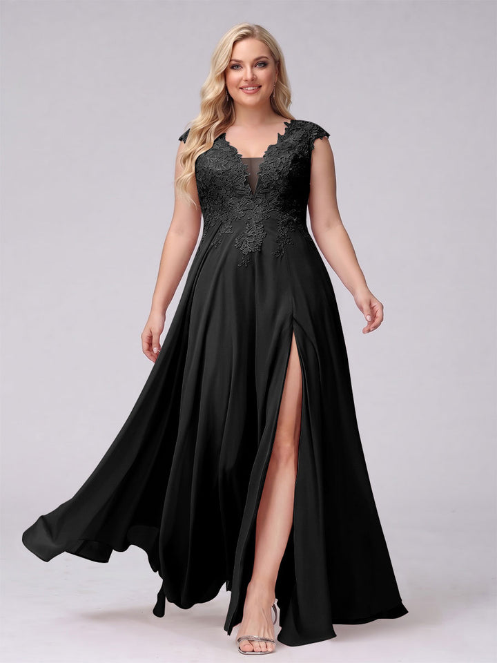 A-Line V-Neck Sleeveless Chiffon Long  Plus Size Bridesmaid Dresses With Applique Split Side
