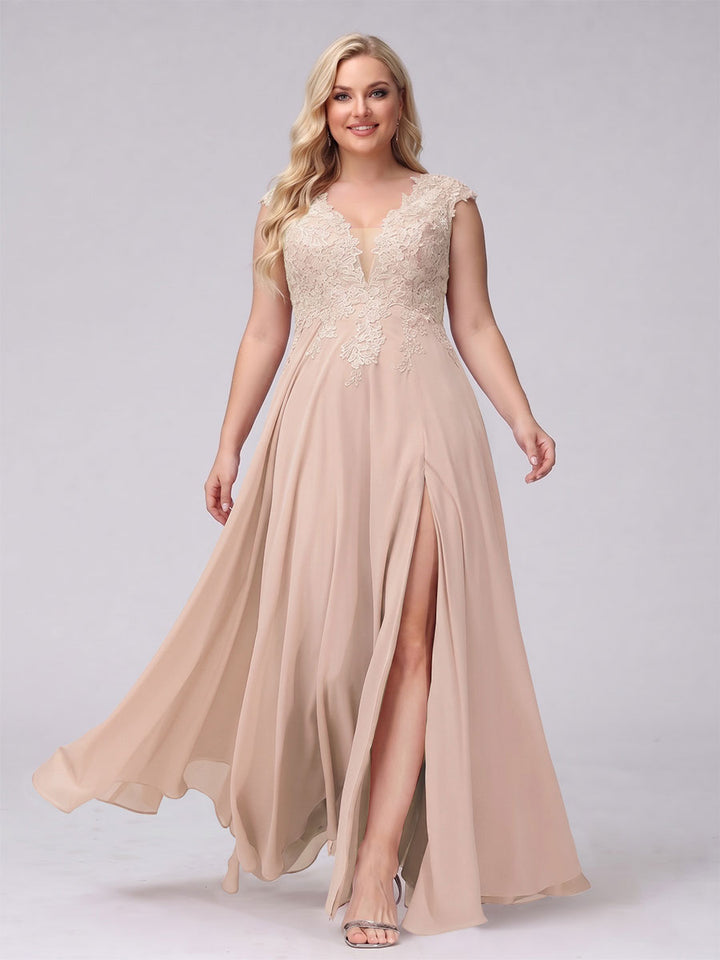 A-Line V-Neck Sleeveless Chiffon Long  Plus Size Bridesmaid Dresses With Applique Split Side