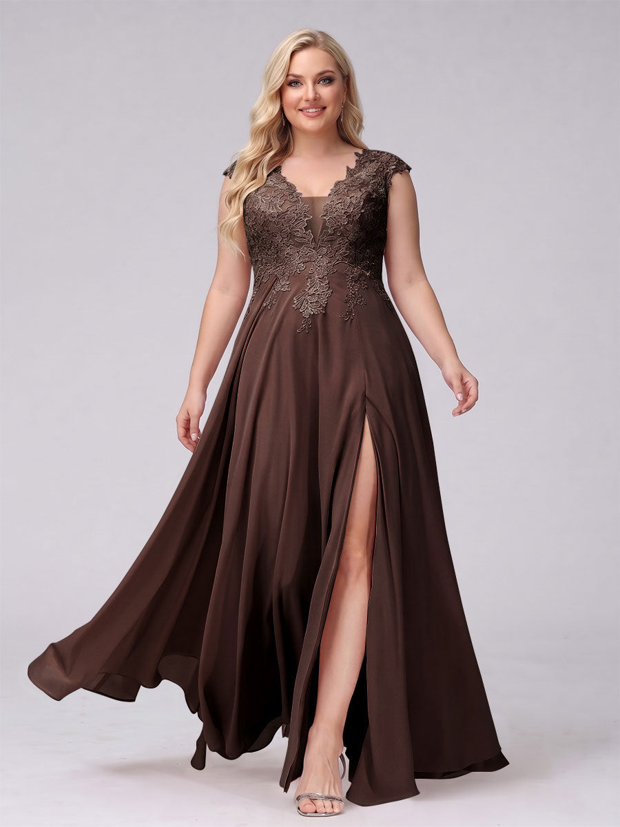 A-Line V-Neck Sleeveless Chiffon Long  Plus Size Bridesmaid Dresses With Applique Split Side