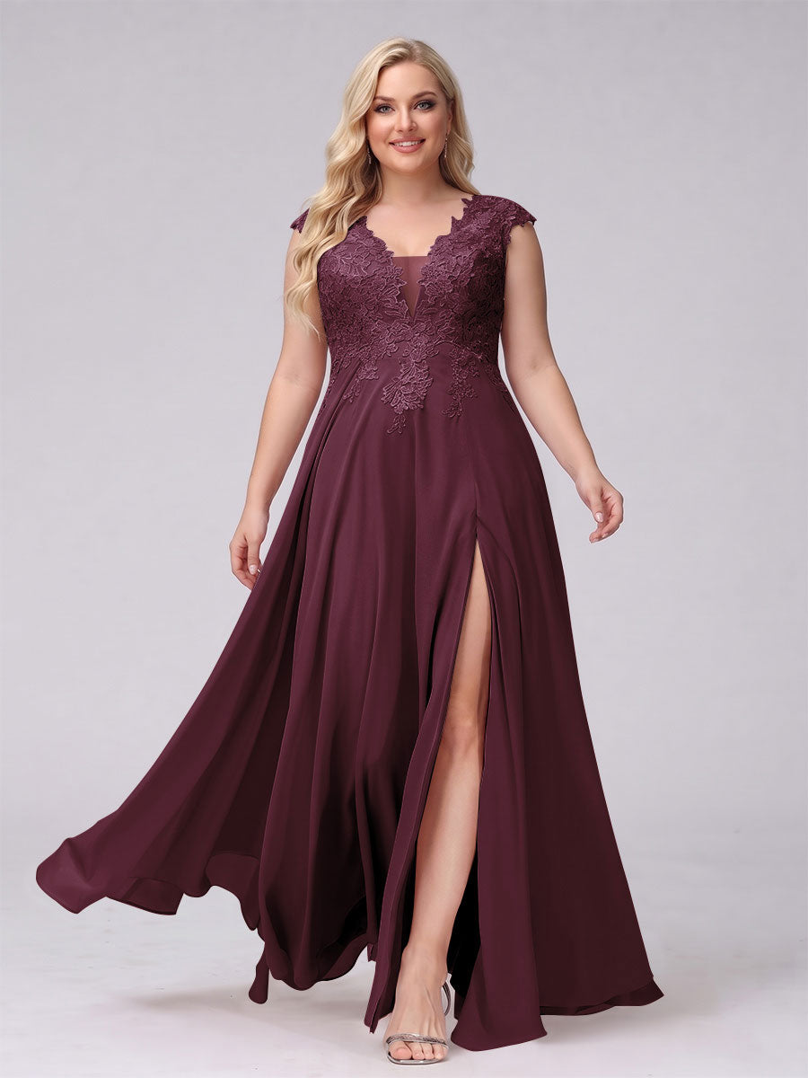 A-Line V-Neck Sleeveless Chiffon Long  Plus Size Bridesmaid Dresses With Applique Split Side