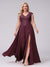 A-Line V-Neck Sleeveless Chiffon Long  Plus Size Bridesmaid Dresses With Applique Split Side