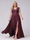 A-Line V-Neck Sleeveless Chiffon Long  Plus Size Bridesmaid Dresses With Applique Split Side