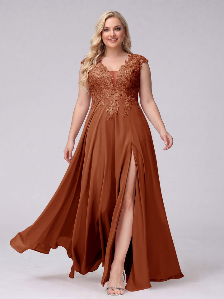 A-Line V-Neck Sleeveless Chiffon Long  Plus Size Bridesmaid Dresses With Applique Split Side