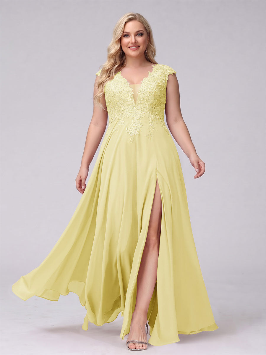 A-Line V-Neck Sleeveless Chiffon Long  Plus Size Bridesmaid Dresses With Applique Split Side