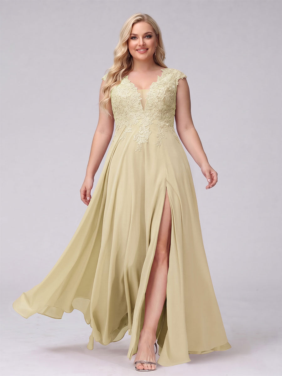 A-Line V-Neck Sleeveless Chiffon Long  Plus Size Bridesmaid Dresses With Applique Split Side