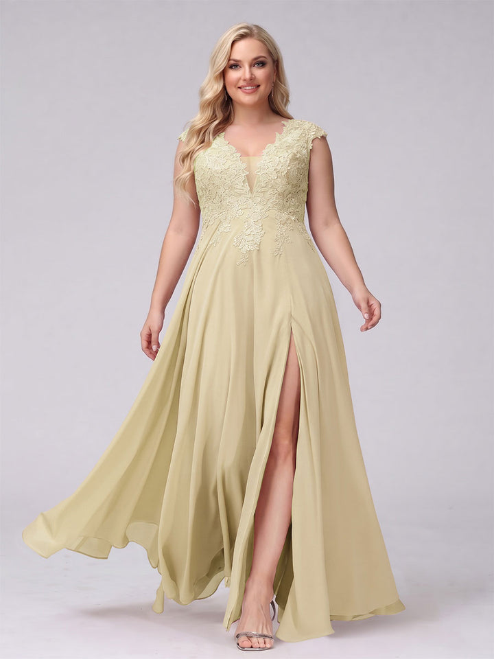 A-Line V-Neck Sleeveless Chiffon Long  Plus Size Bridesmaid Dresses With Applique Split Side
