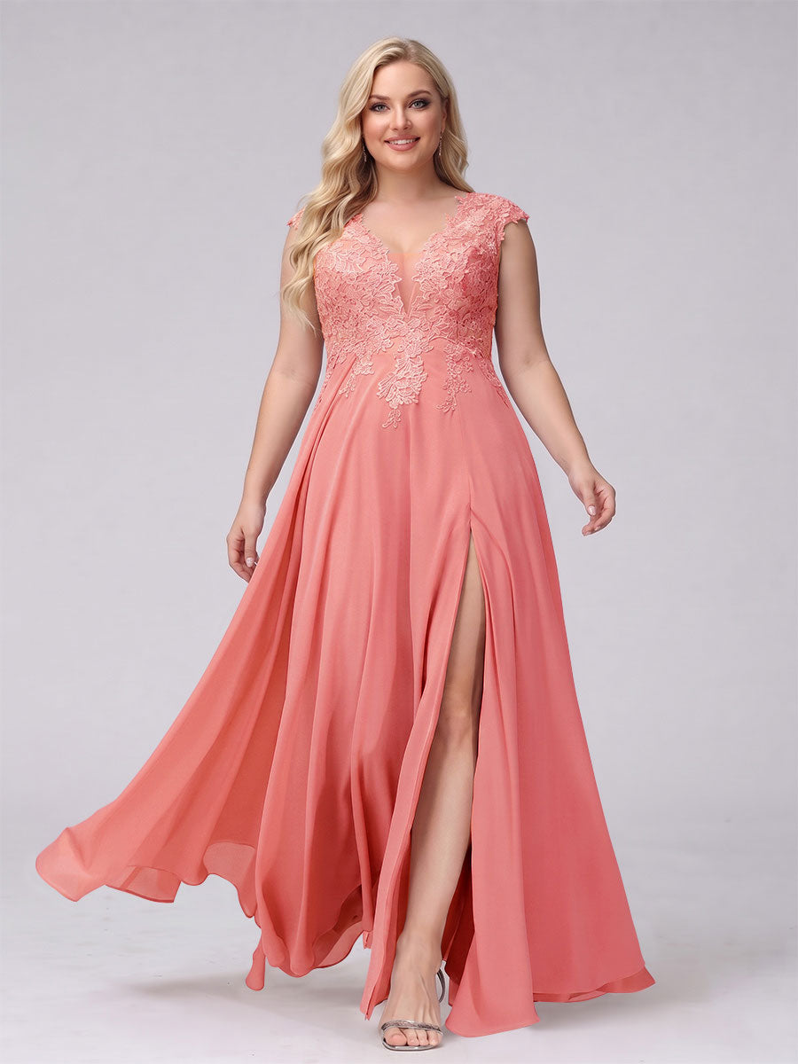 A-Line V-Neck Sleeveless Chiffon Long  Plus Size Bridesmaid Dresses With Applique Split Side