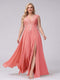 A-Line V-Neck Sleeveless Chiffon Long  Plus Size Bridesmaid Dresses With Applique Split Side