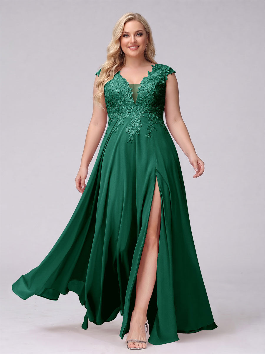 A-Line V-Neck Sleeveless Chiffon Long  Plus Size Bridesmaid Dresses With Applique Split Side