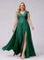 A-Line V-Neck Sleeveless Chiffon Long  Plus Size Bridesmaid Dresses With Applique Split Side