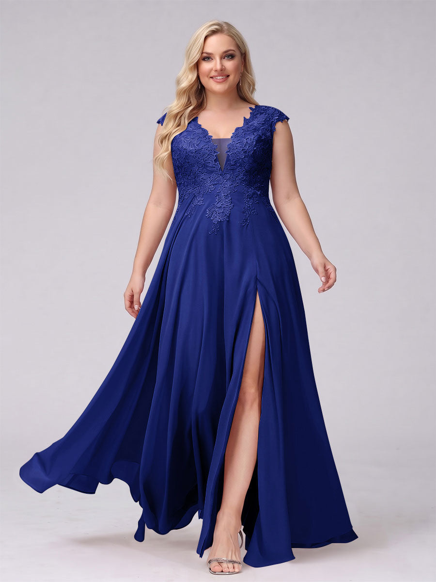 A-Line V-Neck Sleeveless Chiffon Long  Plus Size Bridesmaid Dresses With Applique Split Side
