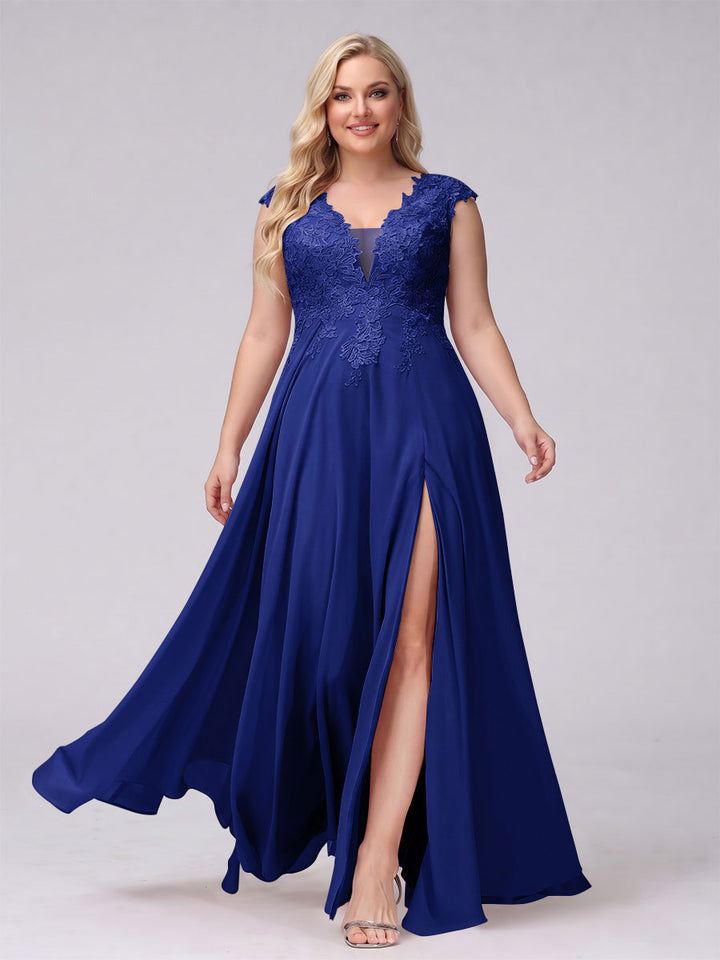 A-Line V-Neck Sleeveless Chiffon Long  Plus Size Bridesmaid Dresses With Applique Split Side