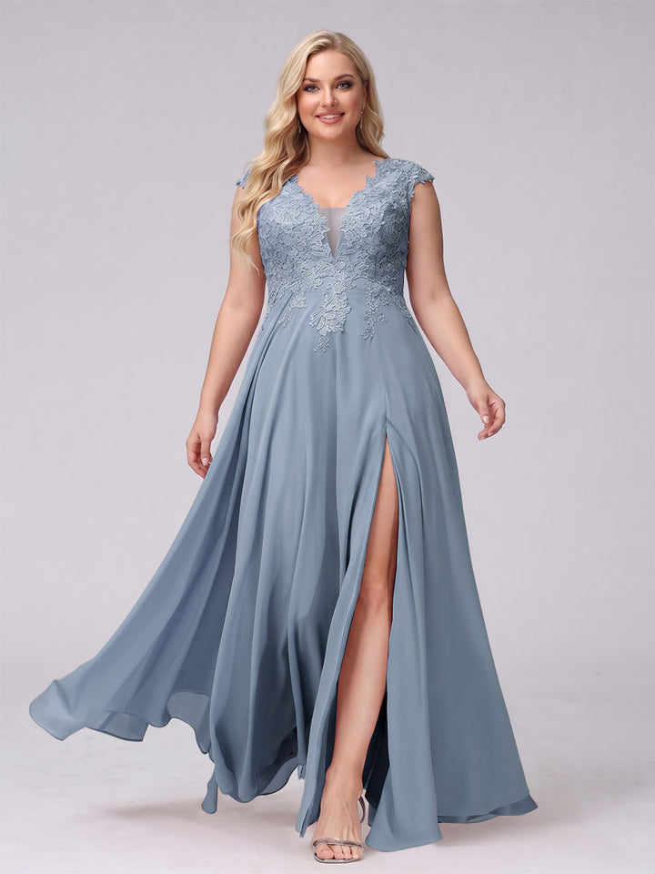 A-Line V-Neck Sleeveless Chiffon Long  Plus Size Bridesmaid Dresses With Applique Split Side
