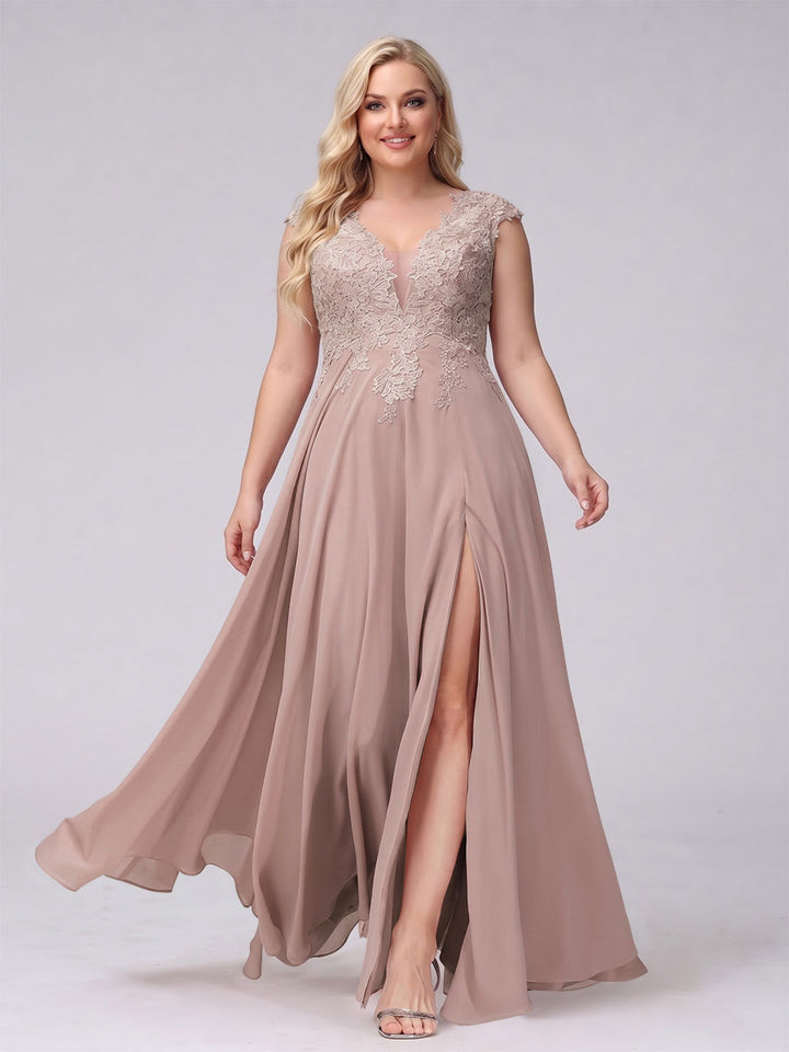 A-Line V-Neck Sleeveless Chiffon Long  Plus Size Bridesmaid Dresses With Applique Split Side