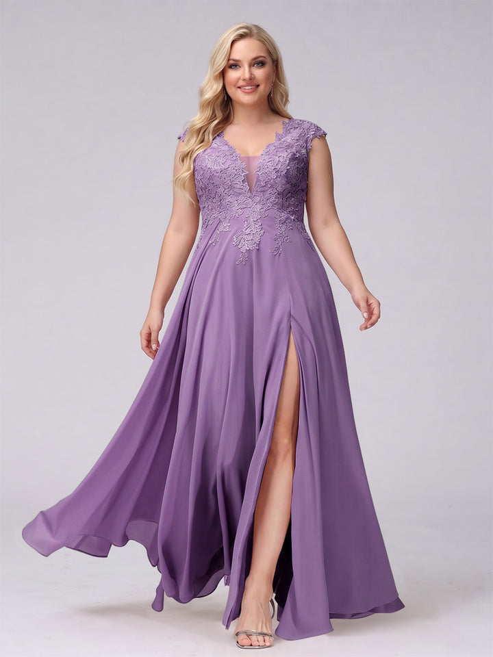 A-Line V-Neck Sleeveless Chiffon Long  Plus Size Bridesmaid Dresses With Applique Split Side