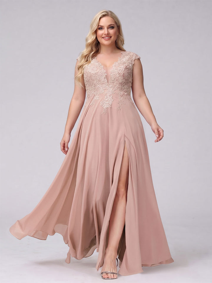 A-Line V-Neck Sleeveless Chiffon Long  Plus Size Bridesmaid Dresses With Applique Split Side