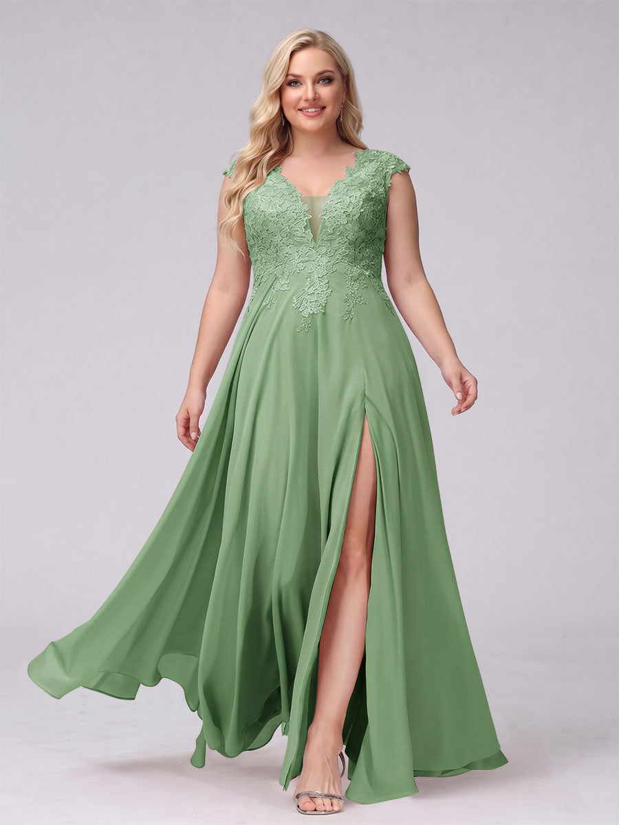A-Line V-Neck Sleeveless Chiffon Long  Plus Size Bridesmaid Dresses With Applique Split Side