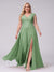 A-Line V-Neck Sleeveless Chiffon Long  Plus Size Bridesmaid Dresses With Applique Split Side