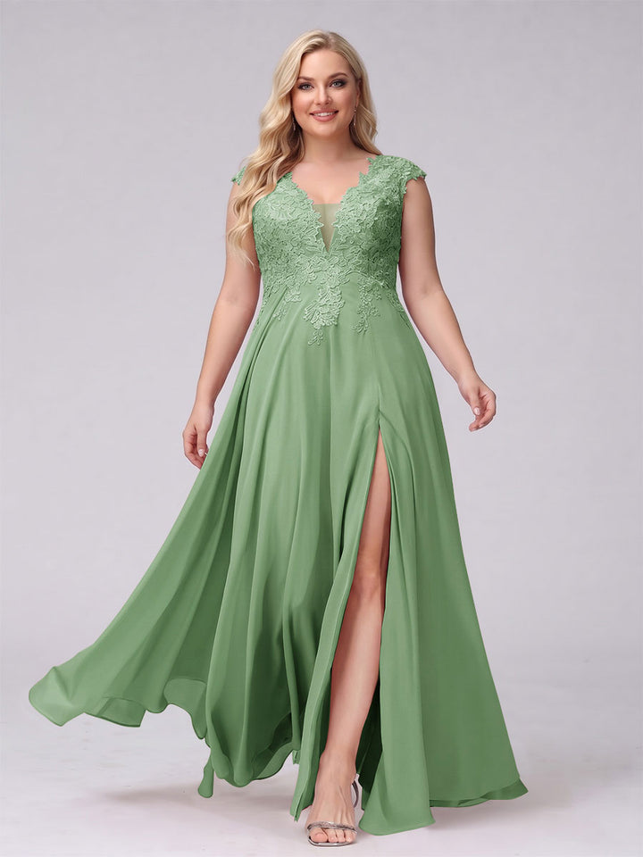 A-Line V-Neck Sleeveless Chiffon Long  Plus Size Bridesmaid Dresses With Applique Split Side