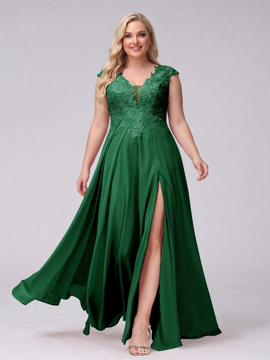 A-Line V-Neck Sleeveless Chiffon Long  Plus Size Bridesmaid Dresses With Applique Split Side