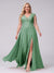 A-Line V-Neck Sleeveless Chiffon Long  Plus Size Bridesmaid Dresses With Applique Split Side
