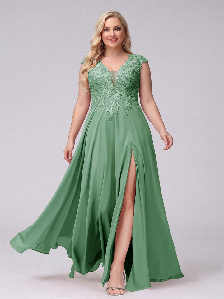 A-Line V-Neck Sleeveless Chiffon Long  Plus Size Bridesmaid Dresses With Applique Split Side