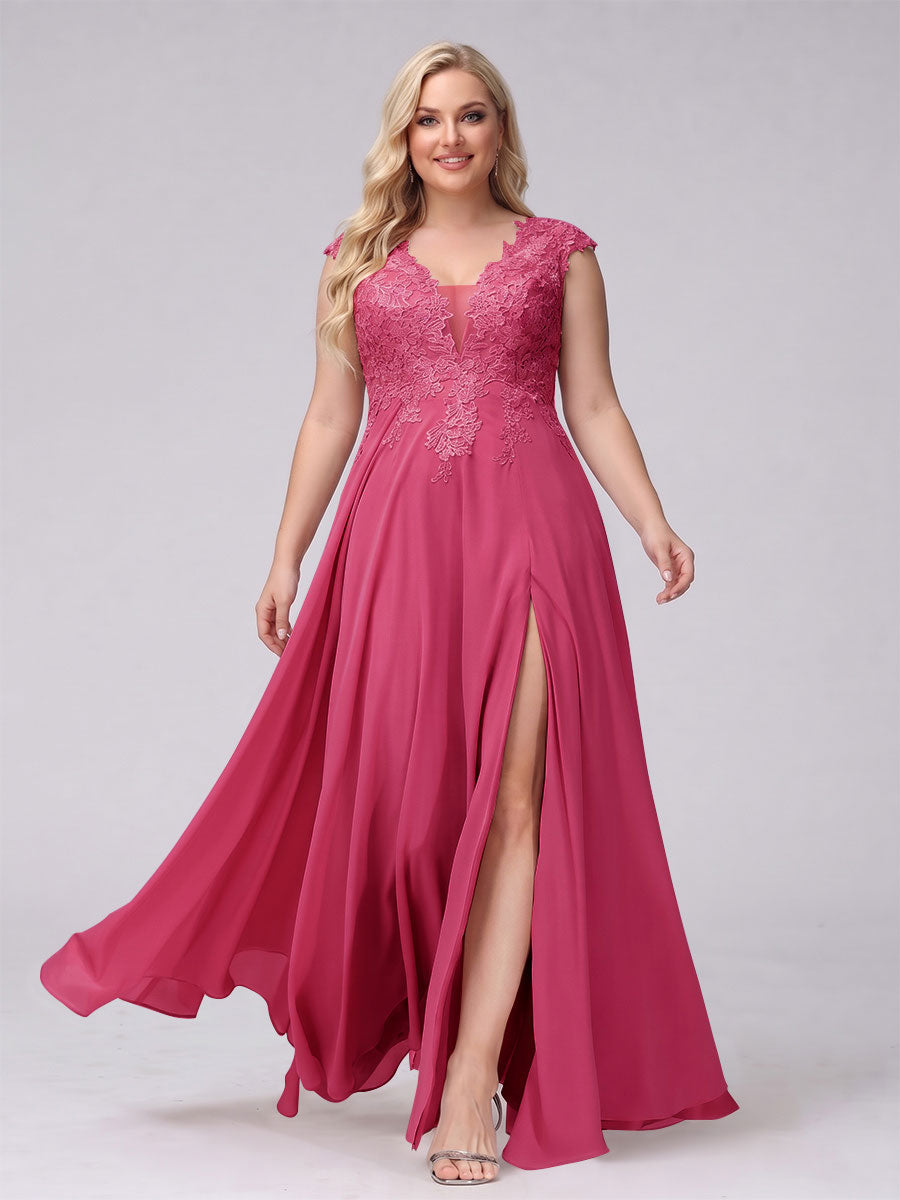 A-Line V-Neck Sleeveless Chiffon Long  Plus Size Bridesmaid Dresses With Applique Split Side