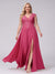A-Line V-Neck Sleeveless Chiffon Long  Plus Size Bridesmaid Dresses With Applique Split Side