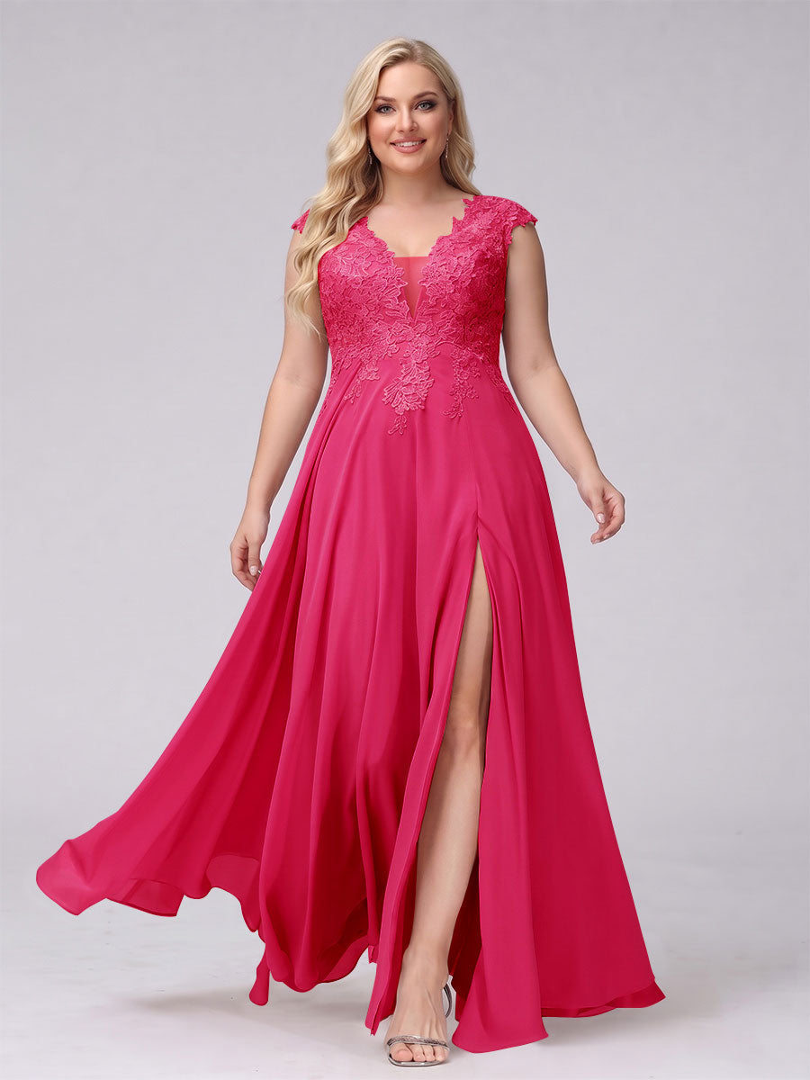 A-Line V-Neck Sleeveless Chiffon Long  Plus Size Bridesmaid Dresses With Applique Split Side