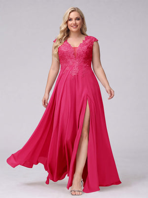 A-Line V-Neck Sleeveless Chiffon Long  Plus Size Bridesmaid Dresses With Applique Split Side
