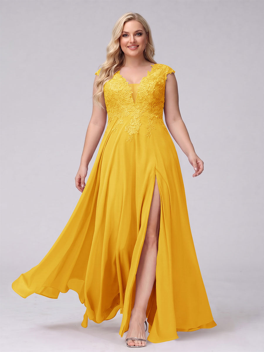 A-Line V-Neck Sleeveless Chiffon Long  Plus Size Bridesmaid Dresses With Applique Split Side