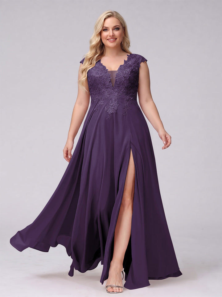 A-Line V-Neck Sleeveless Chiffon Long  Plus Size Bridesmaid Dresses With Applique Split Side
