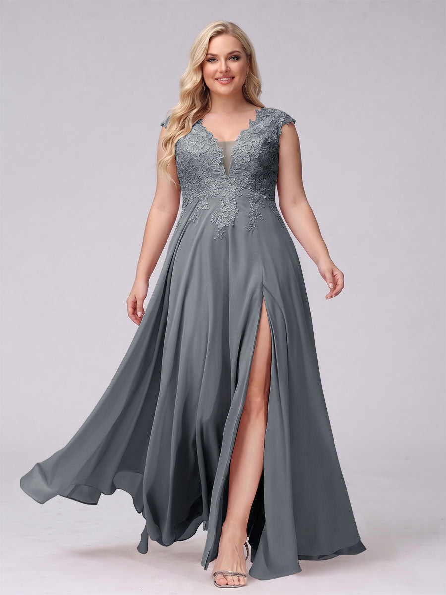 A-Line V-Neck Sleeveless Chiffon Long  Plus Size Bridesmaid Dresses With Applique Split Side