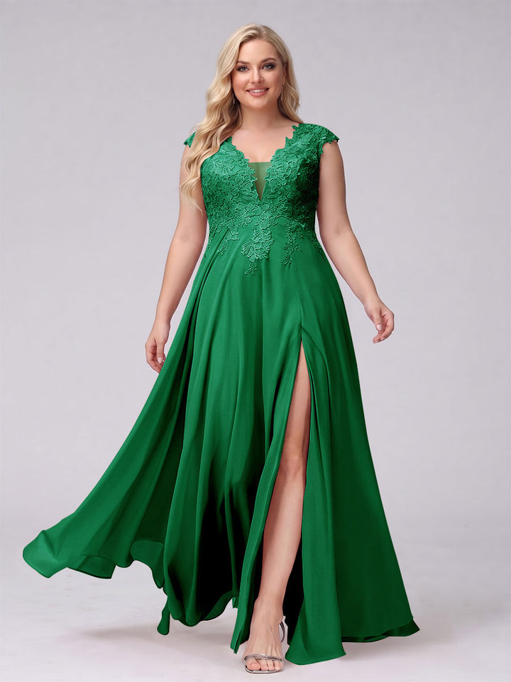 A-Line V-Neck Sleeveless Chiffon Long  Plus Size Bridesmaid Dresses With Applique Split Side