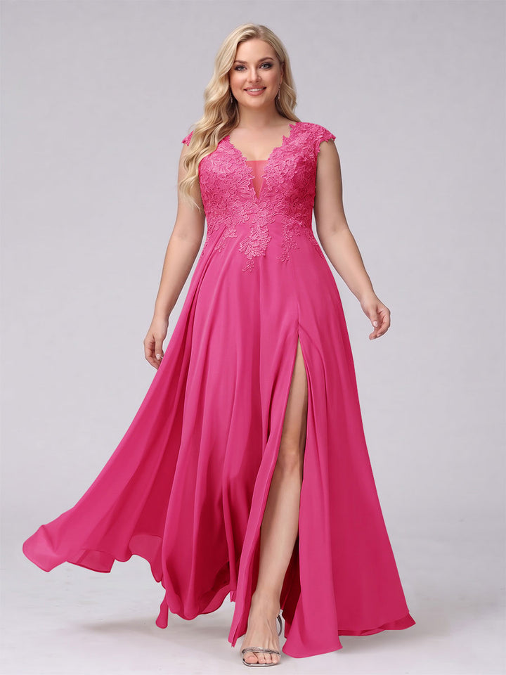 A-Line V-Neck Sleeveless Chiffon Long  Plus Size Bridesmaid Dresses With Applique Split Side