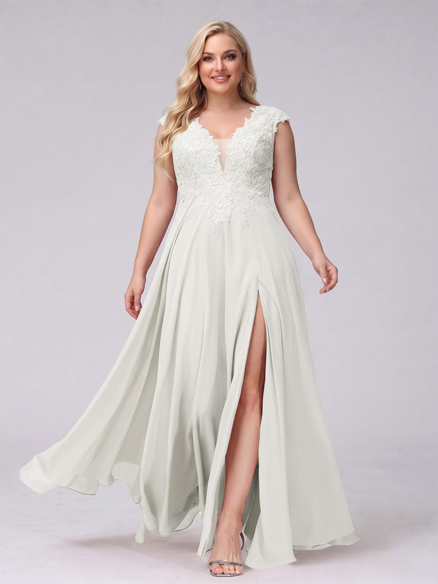 A-Line V-Neck Sleeveless Chiffon Long  Plus Size Bridesmaid Dresses With Applique Split Side