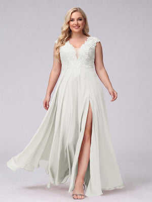 A-Line V-Neck Sleeveless Chiffon Long  Plus Size Bridesmaid Dresses With Applique Split Side