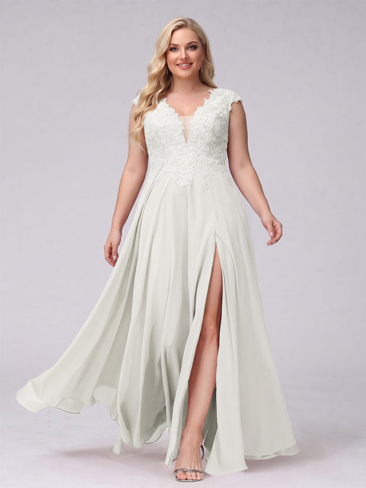 A-Line V-Neck Sleeveless Chiffon Long  Plus Size Bridesmaid Dresses With Applique Split Side